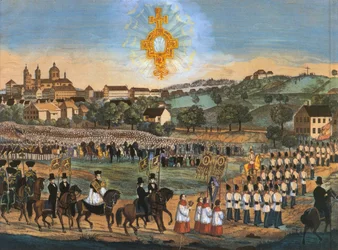 Altdorf-Weingarten, Holy Blood Procession i 1849 eller i de følgende år; farvet litografi, variant med Helligblods -levn i himlen